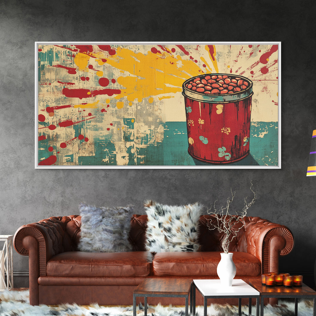 Retro Red Tin Of Beans With Yellow Paint Splashes Wall Art, Pop Art Canvas Print, Fun Kitchen Decor For Dining Room Poster