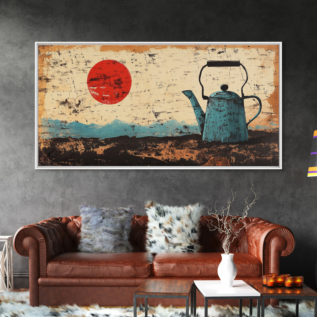 Blue Enamel Teapot Under Red Sun Wall Art, Japanese Minimalist Canvas Print, Rustic Kitchen Decor For Tea Lovers And Home Decor
