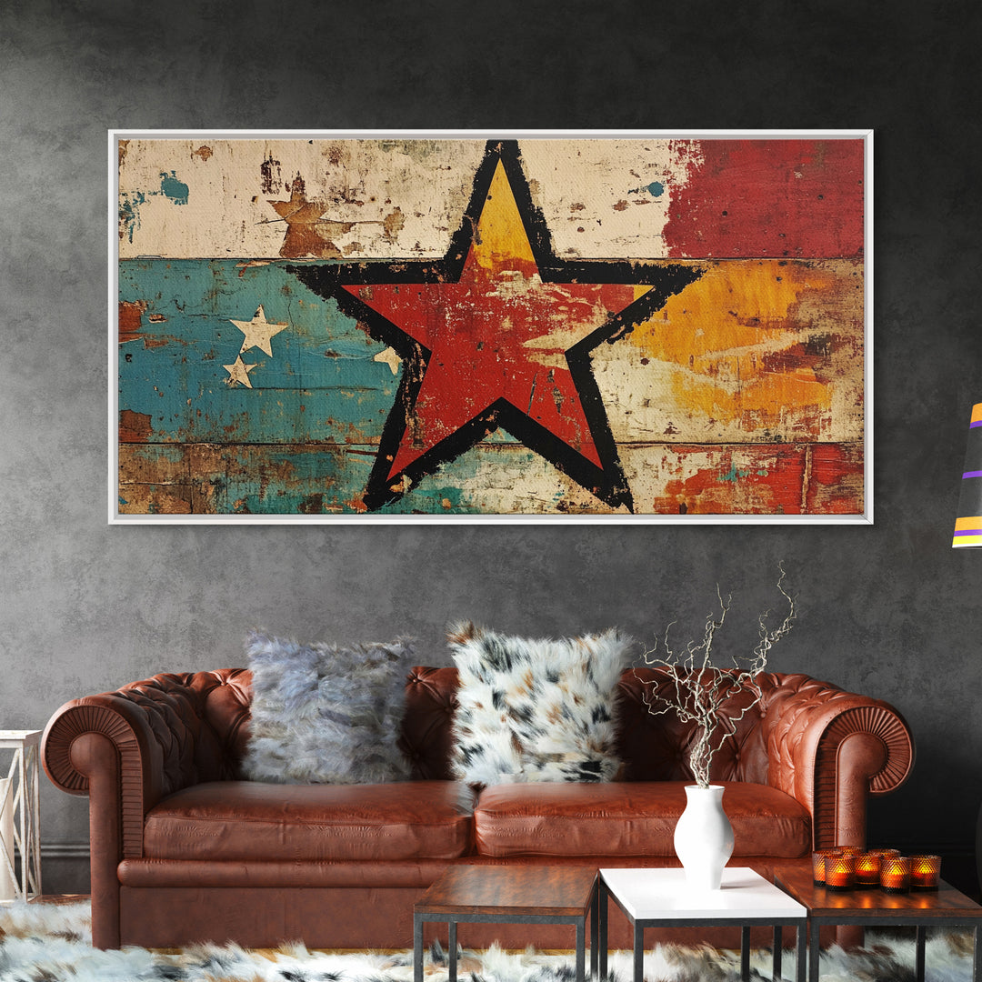 Distressed Red Star On Teal And Gold Abstract Wall Art, Retro Americana Canvas Print, Bold Rustic Home Decor For Man Cave Or Office