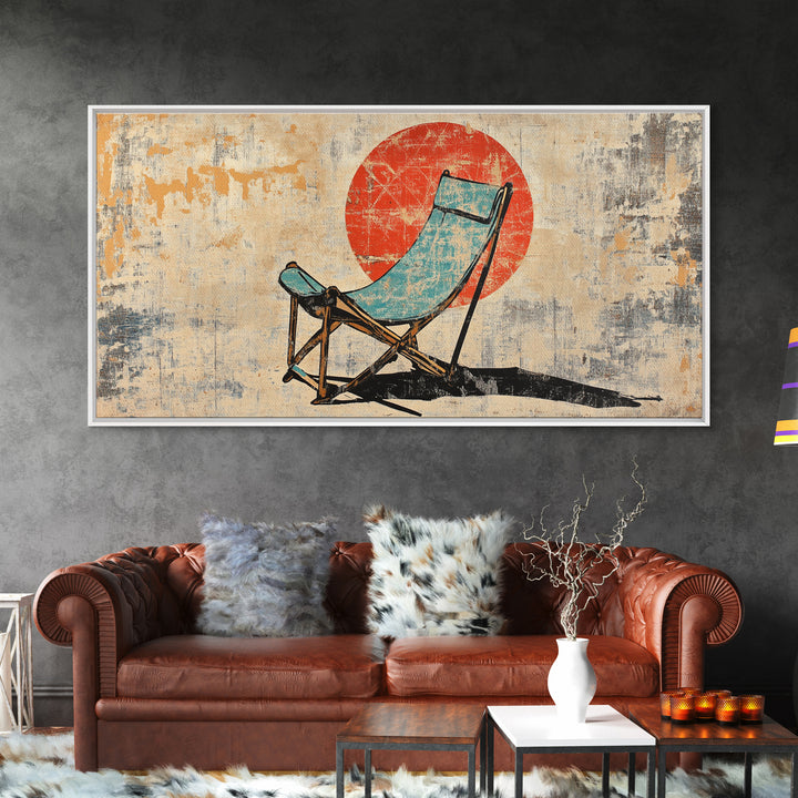 Turquoise Beach Chair In Front Of Red Sun Wall Art, Retro Coastal Canvas Print, Summer Beach House Decor For Patio And Living Room