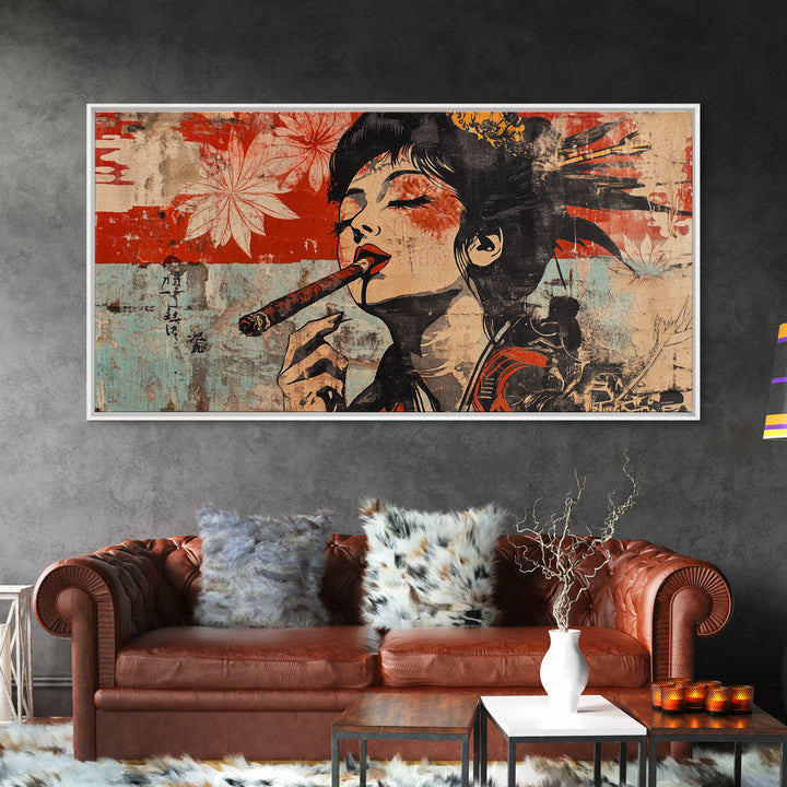 Glamorous Geisha Woman Smoking Cigar Wall Art, Japanese Pop Art Canvas Print, Bold Feminine Decor For Lounge And Living Room