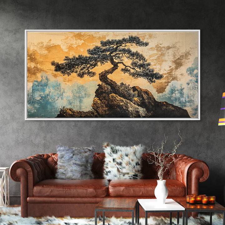 Twisted Bonsai On Golden Cliff Wall Art, Japanese Zen Landscape Print, Asian Inspired Decor, Teal Gold Living Room Art Print