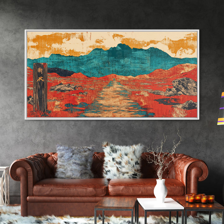 Red Desert Road To Turquoise Mountains Canvas Print, Southwestern Landscape Art, Boho Western Decor, Large Living Room Wall Art