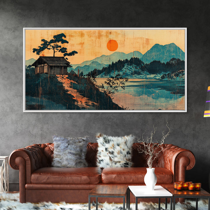 Lakeside Cabin With Red Sun Wall Art, Japanese Mountain Landscape Print, Japandi Decor, Serene Living Room Canvas Art Print