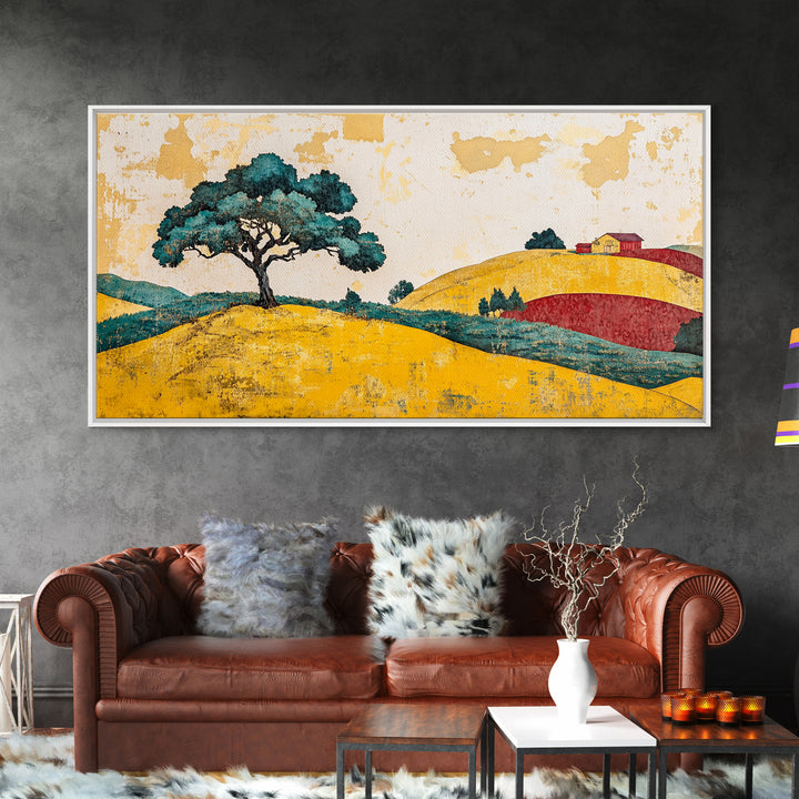 Lone Tree On Golden Rolling Hills Canvas Print, Rustic Country Landscape Art, Farmhouse Wall Decor, Warm Home Decor Wall Art