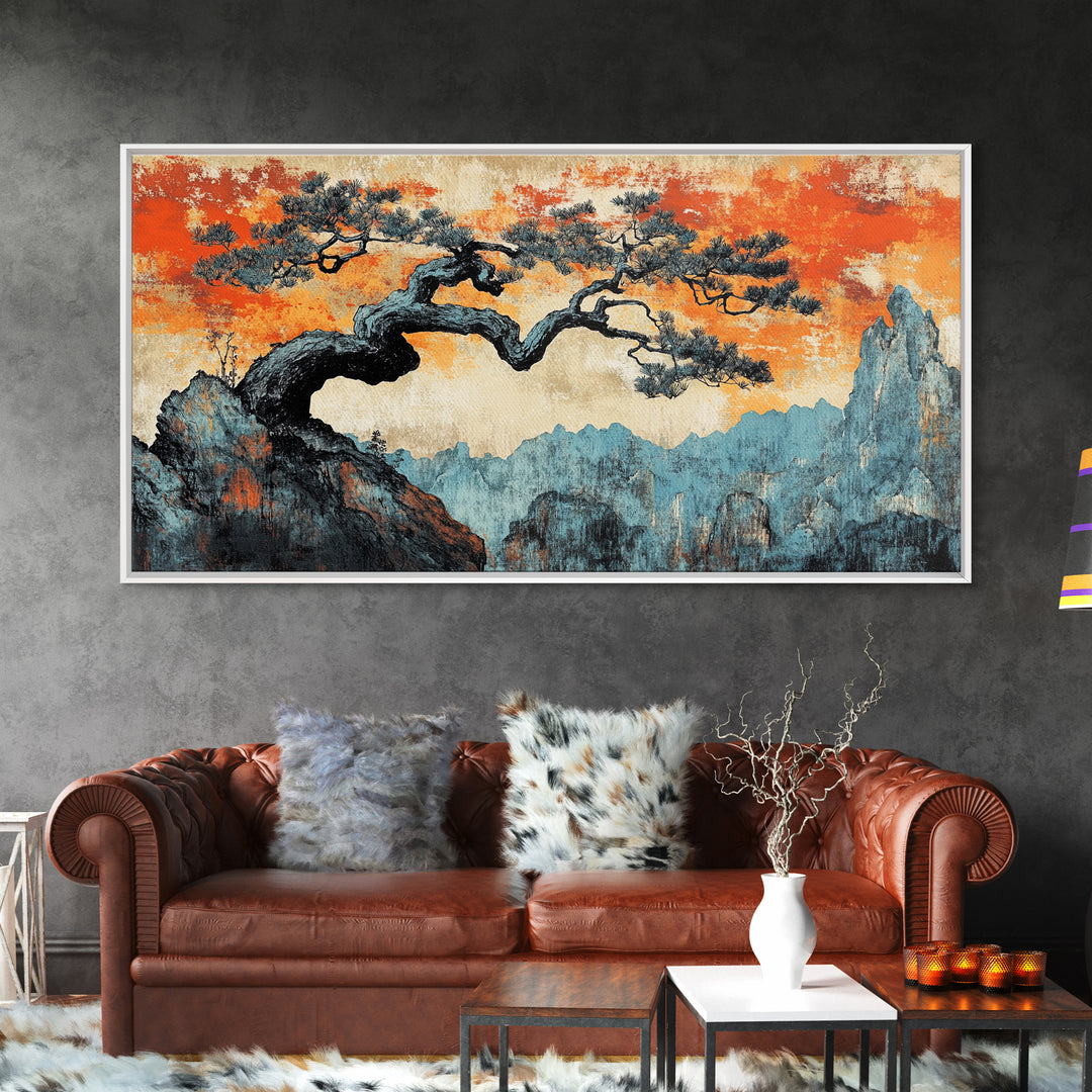 Windswept Pine Over Misty Blue Mountains Wall Art, Asian Landscape Print, Orange Sky Japandi Decor, Large Canvas Print Decor