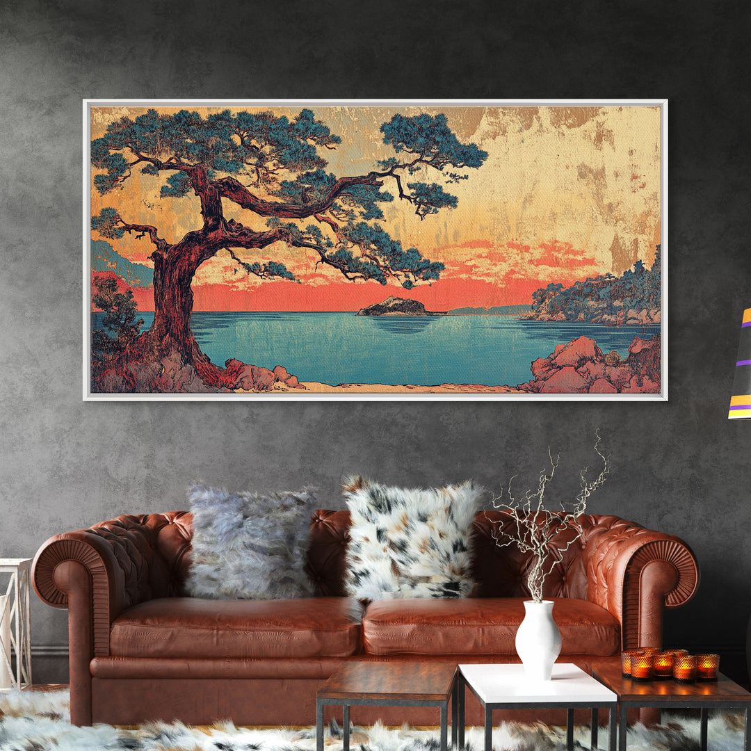 Coastal Pine Tree At Coral Sunset Framed Canvas Print, Japanese Seascape Wall Art, Teal Ocean Decor, Above Sofa Art Print