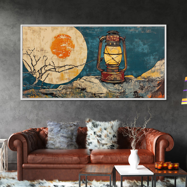 Rustic Lantern Beside Abstract Moon Wall Art, Teal Gold Night Sky Print, Celestial Decor, Wabi Sabi Canvas Print For Bedroom