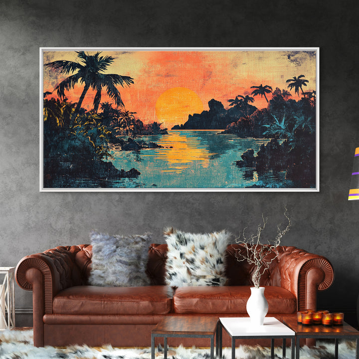 Tropical Lagoon Sunset With Palm Trees Canvas Print, Coastal Wall Art, Island Decor, Vibrant Beach House Living Room Art