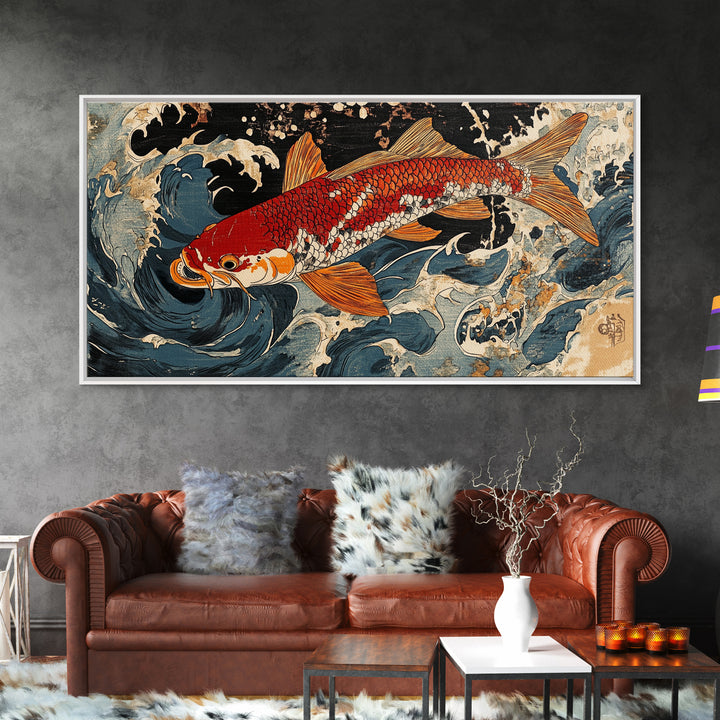 Red Koi Fish Swimming Through Stormy Waves Wall Art, Japanese Coastal Canvas Print, Nautical Living Room Decor Gift For Him