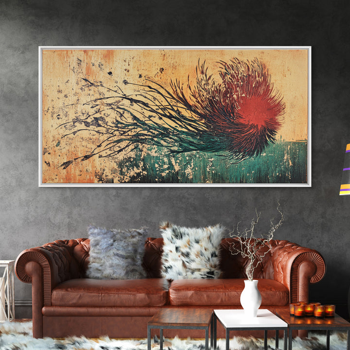 Red Windblown Botanical Flower Wall Art, Textured Japanese Canvas Print, Abstract Floral Living Room Decor, Home Decor Gift For Her