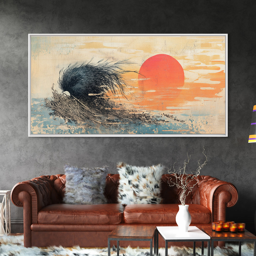 Black Abstract Wave And Red Sun Wall Art, Japanese Ocean Canvas Print, Minimalist Coastal Living Room Decor Gift For Him