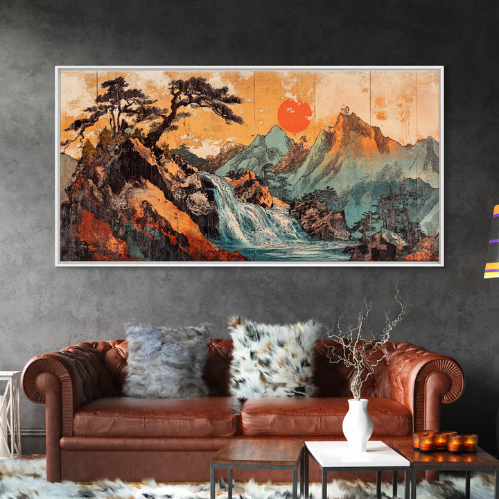Mountain Waterfall With Red Sun Wall Art, Japanese Landscape Canvas Print, Rustic Nature Living Room Decor Housewarming Gift
