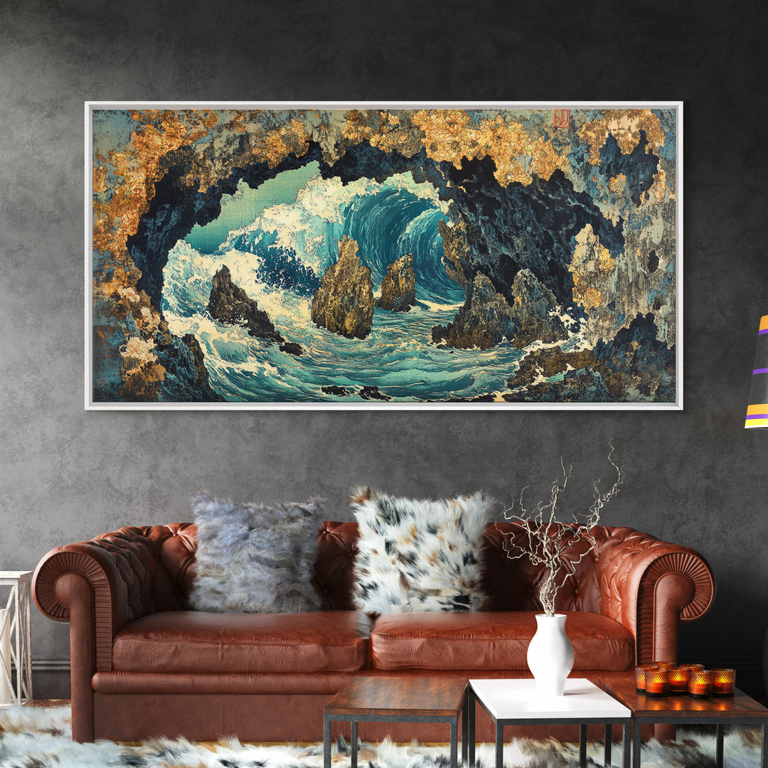 Crashing Ocean Wave Inside Rocky Cave Wall Art, Japanese Seascape Canvas Print, Coastal Nautical Living Room Decor Gift For Her