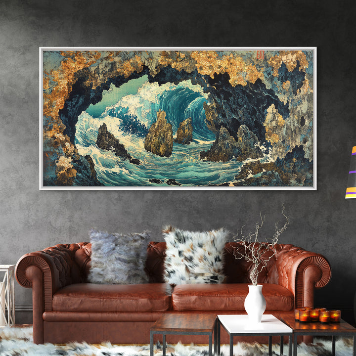 Crashing Ocean Wave Inside Rocky Cave Wall Art, Japanese Seascape Canvas Print, Coastal Nautical Living Room Decor Gift For Her