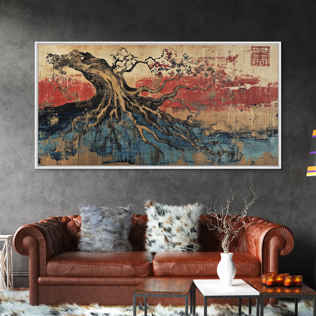 Ancient Tree Roots Over Blue Water Wall Art, Japanese Landscape Canvas Print, Zen Nature Decor And Rustic Home Decor Gift