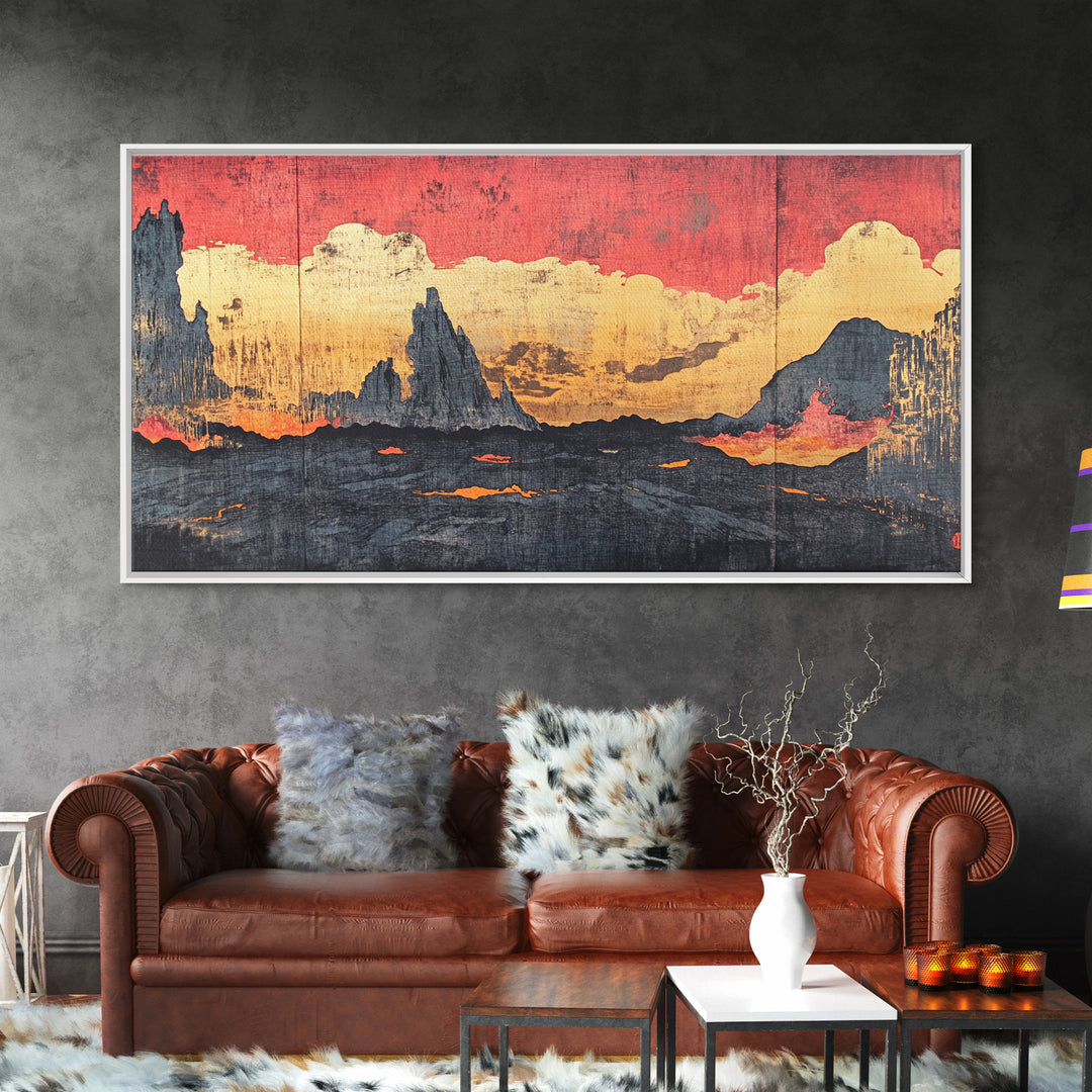 Red Sunset Clouds Over Dark Mountains Wall Art, Japanese Landscape Canvas Print, Moody Rustic Living Room Decor Gift For Him