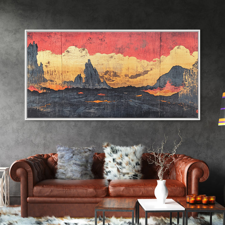Red Sunset Clouds Over Dark Mountains Wall Art, Japanese Landscape Canvas Print, Moody Rustic Living Room Decor Gift For Him