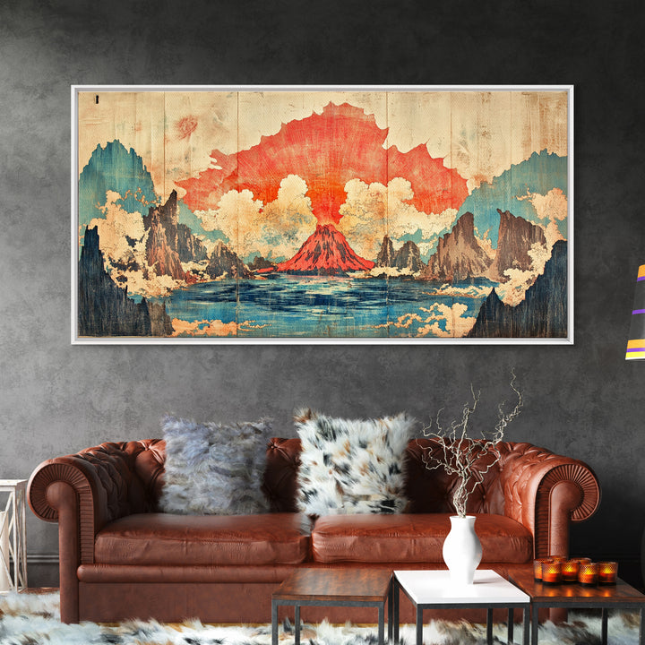 Erupting Red Volcano On Blue Mountain Lake Wall Art, Japanese Landscape Canvas Print, Dramatic Nature Living Room Decor Gift