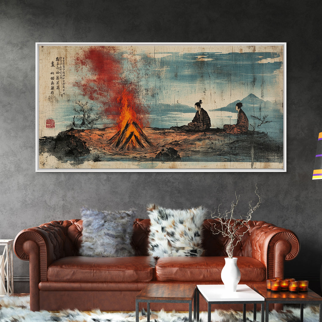 Samurai Figures By Campfire And Lake Wall Art, Japanese Landscape Canvas Print, Zen Rustic Home Decor, Travel Gift For Him