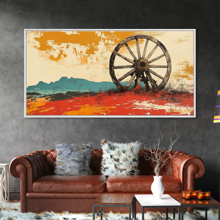 Rustic Wagon Wheel Desert Landscape Wall Art, Western Canvas Print, Southwestern Decor, Ranch House Living Room Art, Above Sofa Decor