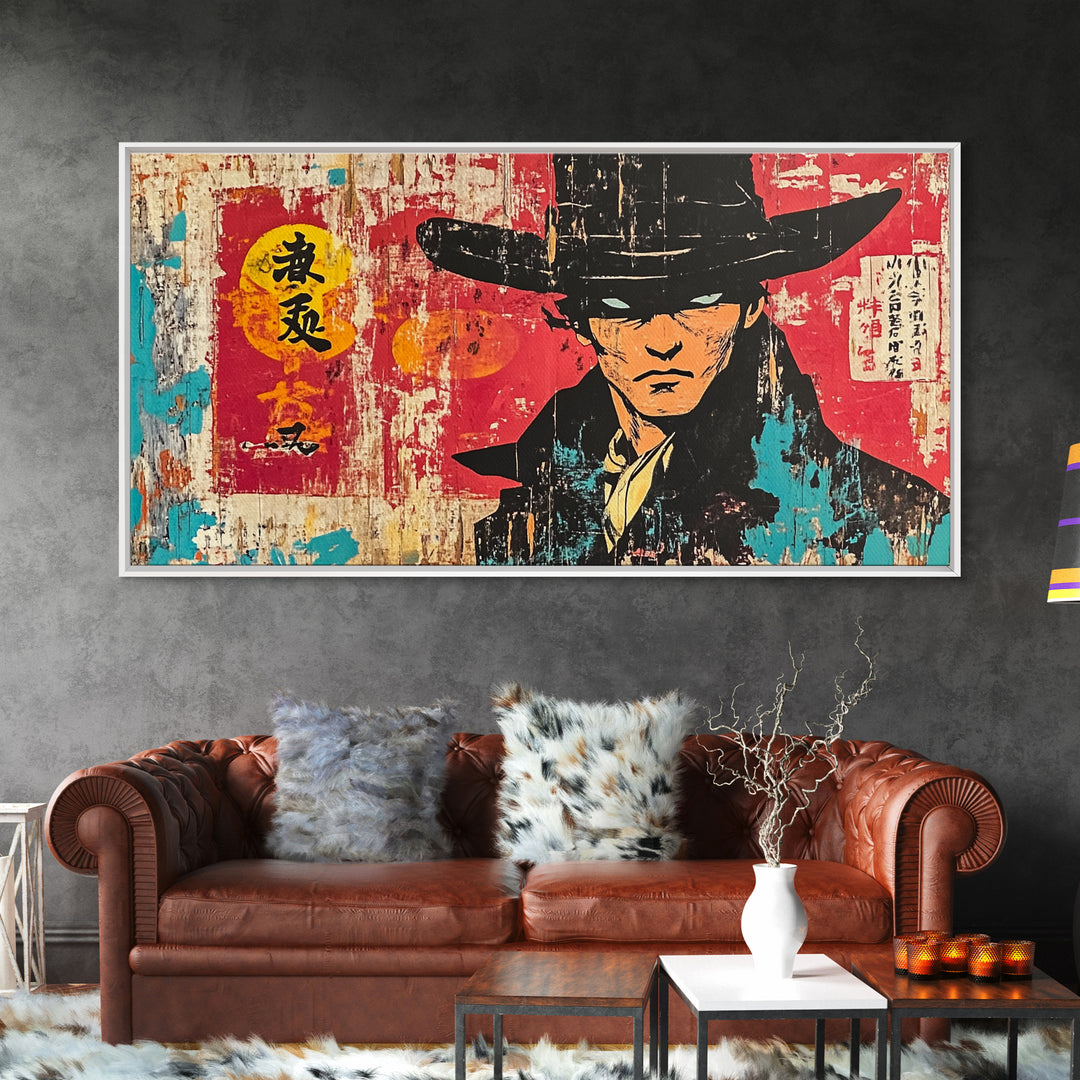 Stoic Asian Cowboy Portrait Wall Art, Samurai Western Canvas Print, Bold Red Black Decor, Masculine Office Art, Gift For Him