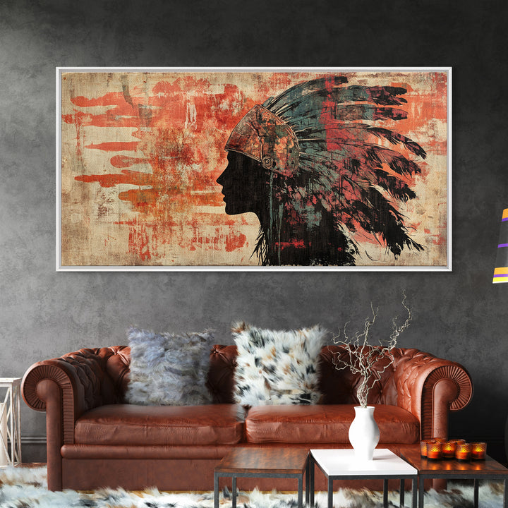 Indigenous Warrior Headdress Silhouette Wall Art, Tribal Canvas Print, Southwestern Decor, Rustic Western Living Room Art