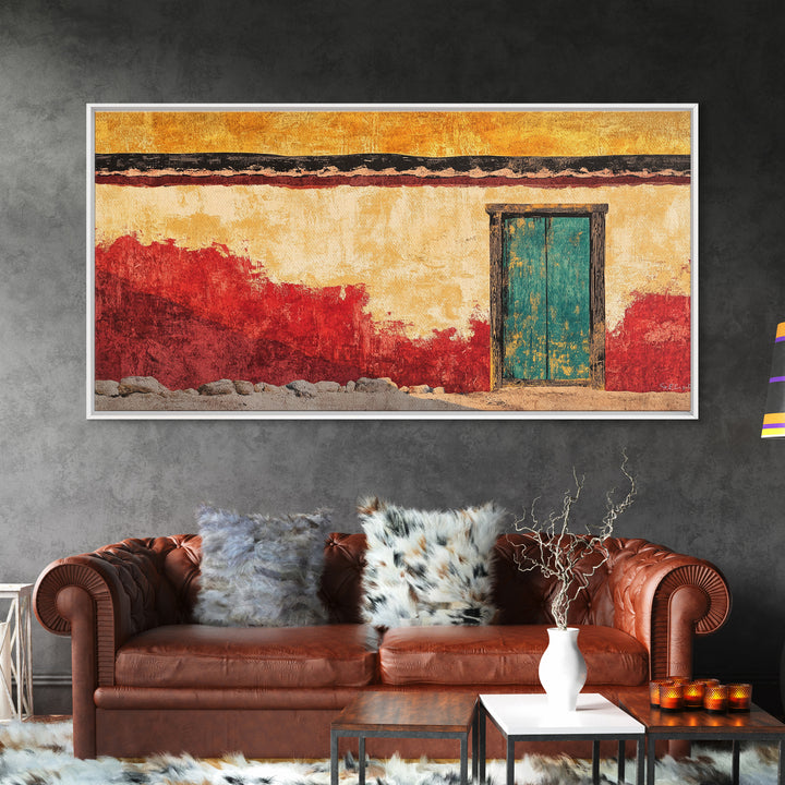Turquoise Door Adobe Southwest Wall Art, Rustic Canvas Print, Mexican Courtyard Decor, Warm Entryway Living Room Art, Home Decor