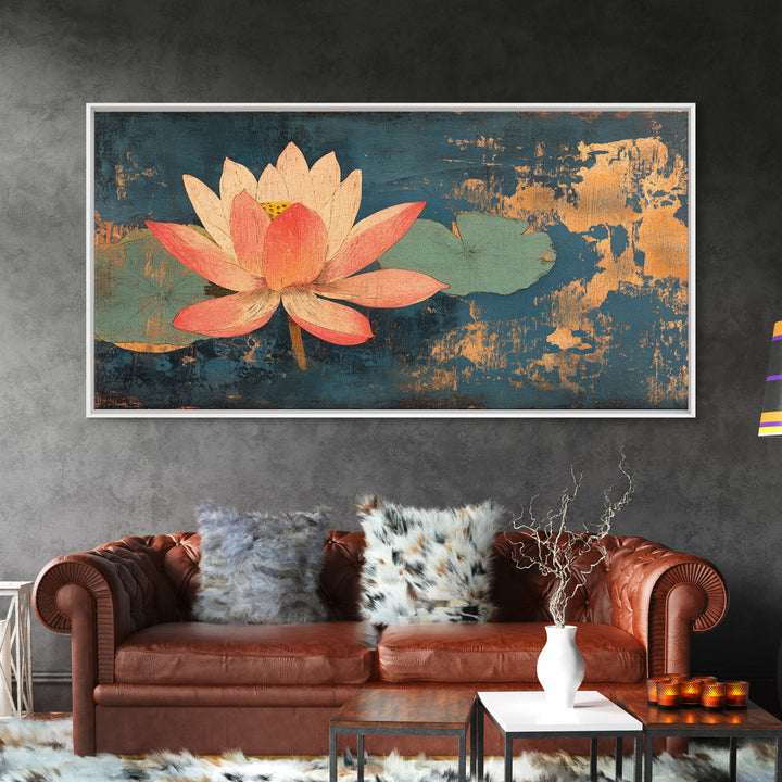 Pink Lotus Flower On Teal Water Wall Art, Zen Canvas Print, Botanical Asian Decor, Meditation Room Spa Wall Decor, Calming Art