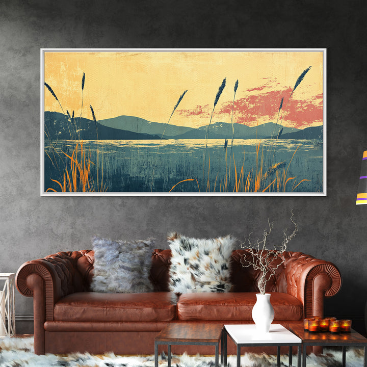 Reeds By Mountain Lake Sunset Wall Art, Serene Landscape Canvas Print, Nature Decor, Large Horizontal Living Room Art, Home Decor