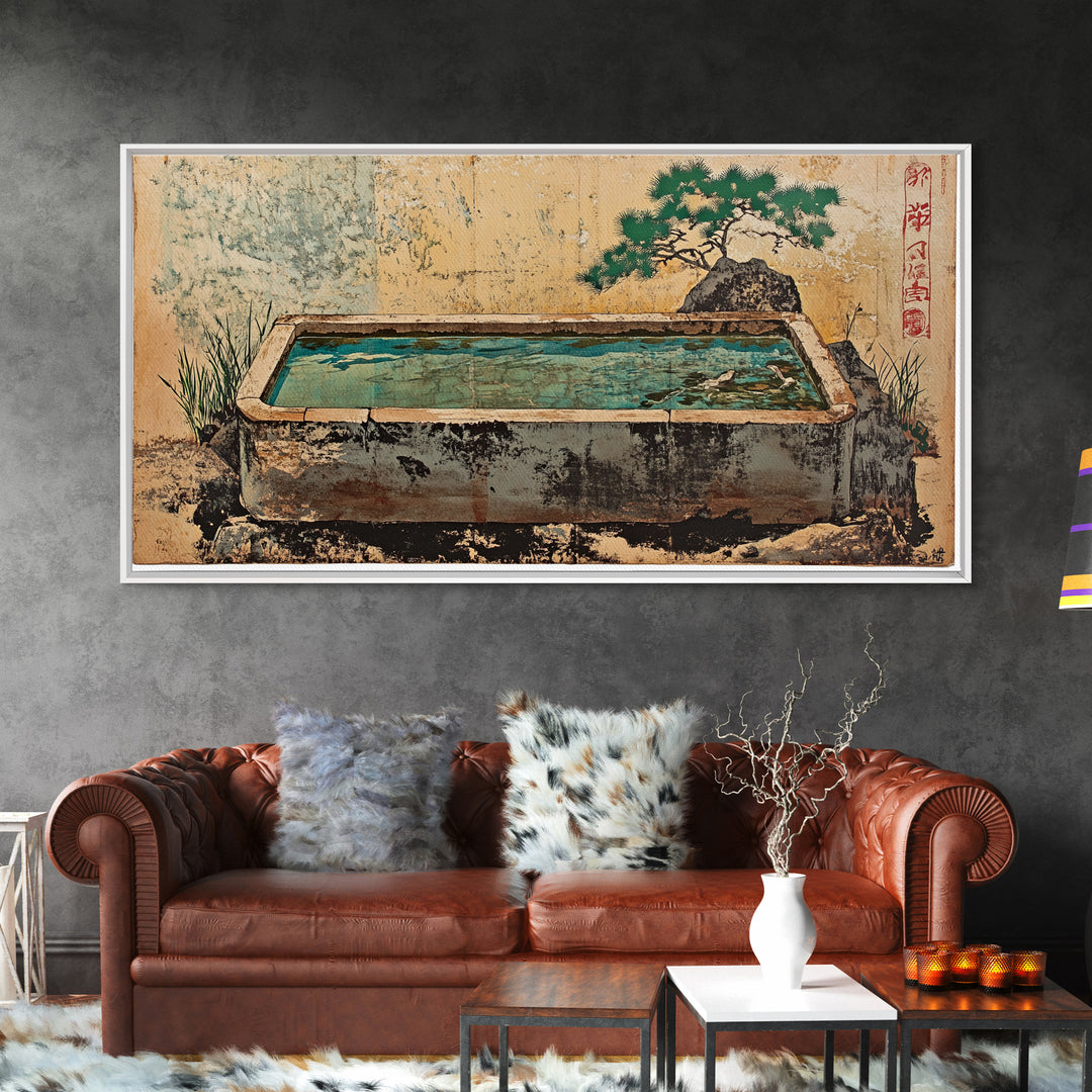 Japanese Stone Water Trough Garden Wall Art, Zen Framed Canvas Print, Bonsai Decor, Spa Meditation Room Wall Decor, Japandi Decor