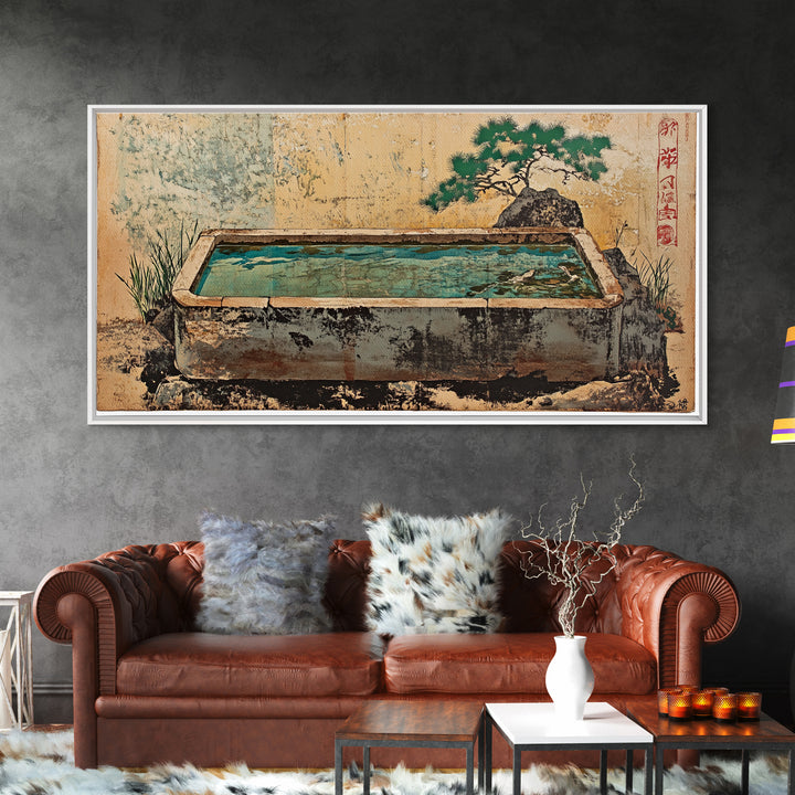 Japanese Stone Water Trough Garden Wall Art, Zen Framed Canvas Print, Bonsai Decor, Spa Meditation Room Wall Decor, Japandi Decor