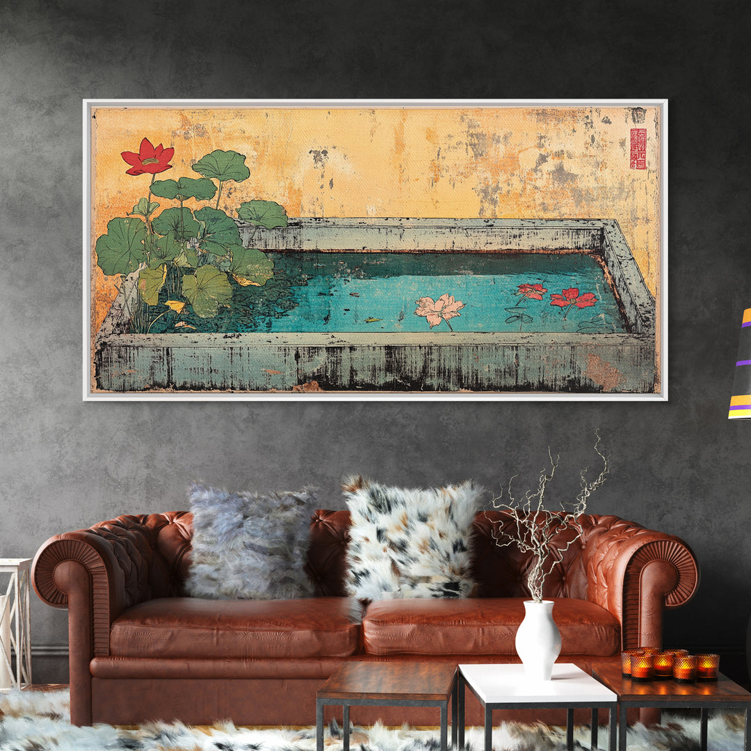 Lotus Koi Pond Garden Basin Wall Art, Japanese Canvas Print, Botanical Zen Decor, Spa Bathroom Living Room Wall Decor, Home Decor
