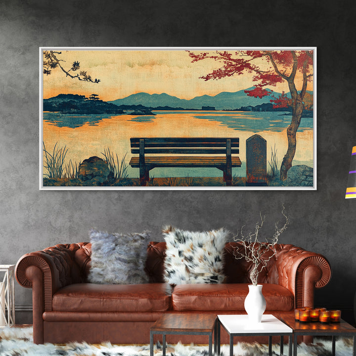 Autumn Lakeside Bench Mountain View Wall Art, Landscape Canvas Print, Rustic Cabin Decor, Serene Living Room Art, Home Decor
