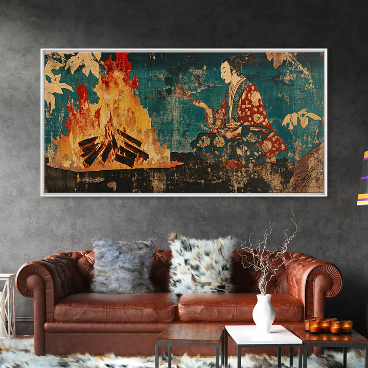 Japanese Woman Beside Bonfire Wall Art, Ukiyo E Style Canvas, Asian Inspired Decor, Japandi Living Room Wall Decor, Home Decor