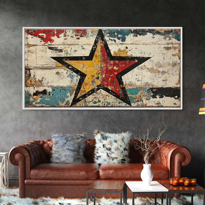 Distressed Red Yellow Star Wall Art, Rustic Americana Canvas Print, Farmhouse Wall Decor, Game Room Decor, Unique Gift For Him