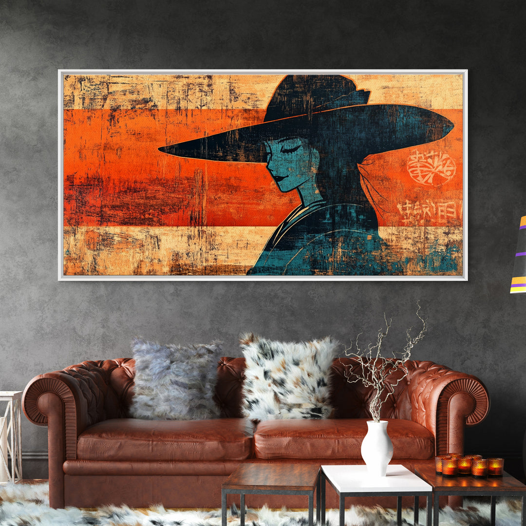 Japanese Woman In Wide Hat Wall Art, Ukiyo E Style Canvas Print, Asian Inspired Decor, Modern Japandi Wall Decor, Home Decor