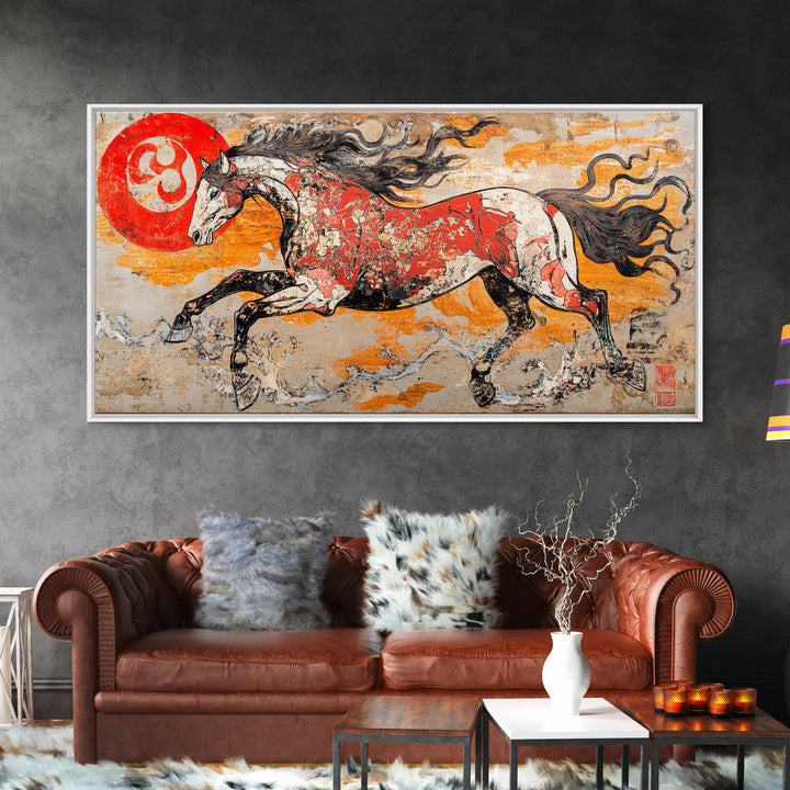 Galloping Horse And Red Sun Wall Art, Japanese Style Canvas Print, Equestrian Decor, Western Living Room Art, Home Decor Gift