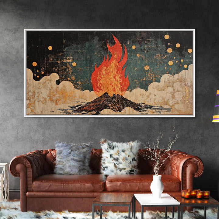 Blazing Campfire Under Moonlit Sky Wall Art, Dark Folk Art Print, Celestial Boho Decor, Rustic Cabin Lodge Home Decor Framed Canvas
