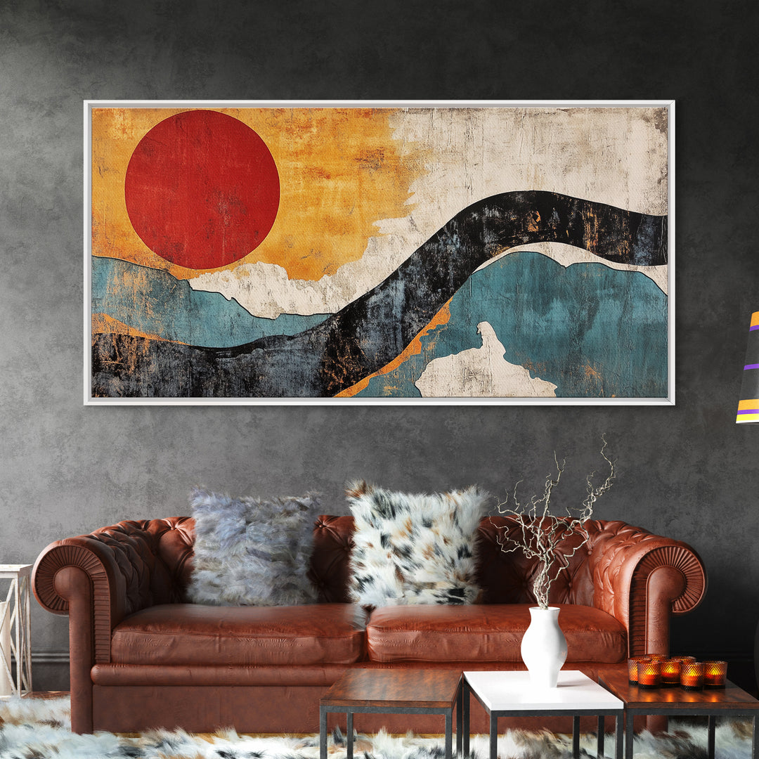 Red Sun And Blue Wave Abstract Wall Art, Mid Century Modern Print, Japandi Home Decor, Minimalist Large Framed Canvas Print