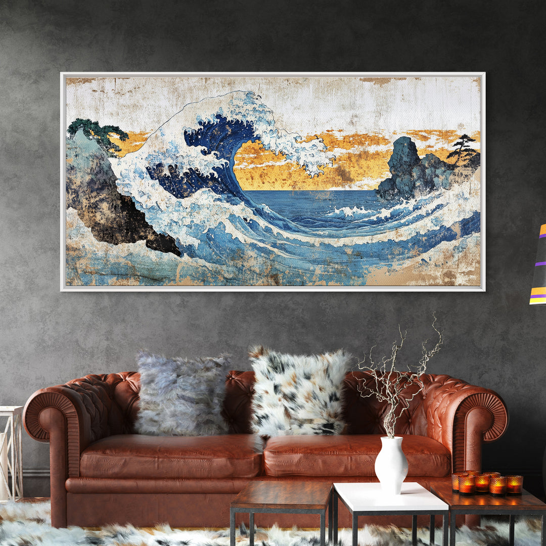 Crashing Ocean Wave Between Rocks Wall Art, Japanese Seascape Print, Coastal Decor, Nautical Living Room Framed Canvas Print