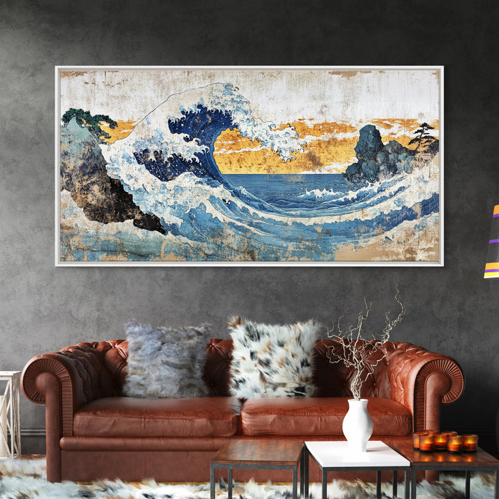 Crashing Ocean Wave Between Rocks Wall Art, Japanese Seascape Print, Coastal Decor, Nautical Living Room Framed Canvas Print