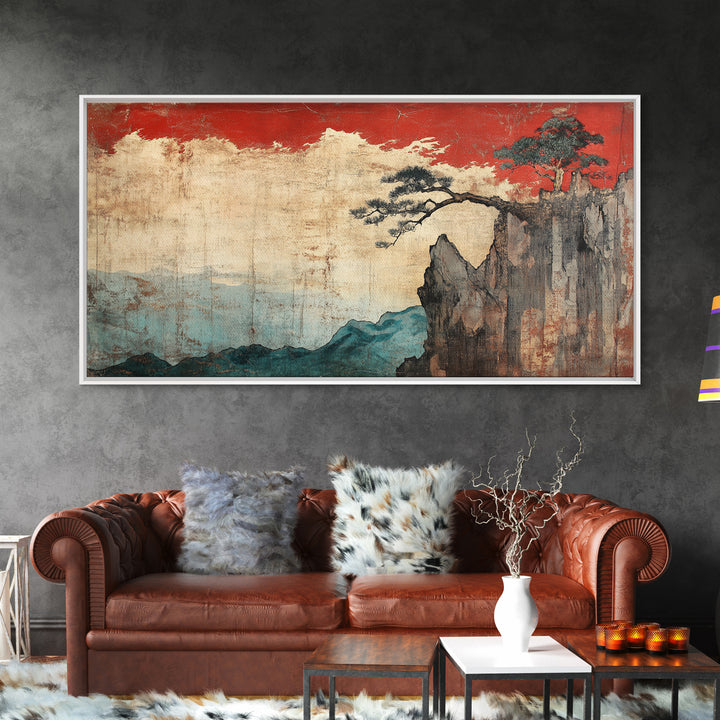 Red Sky Cliff And Pine Mountain Wall Art, Japanese Landscape Print, Moody Nature Decor, Large Japandi Living Room Framed Canvas