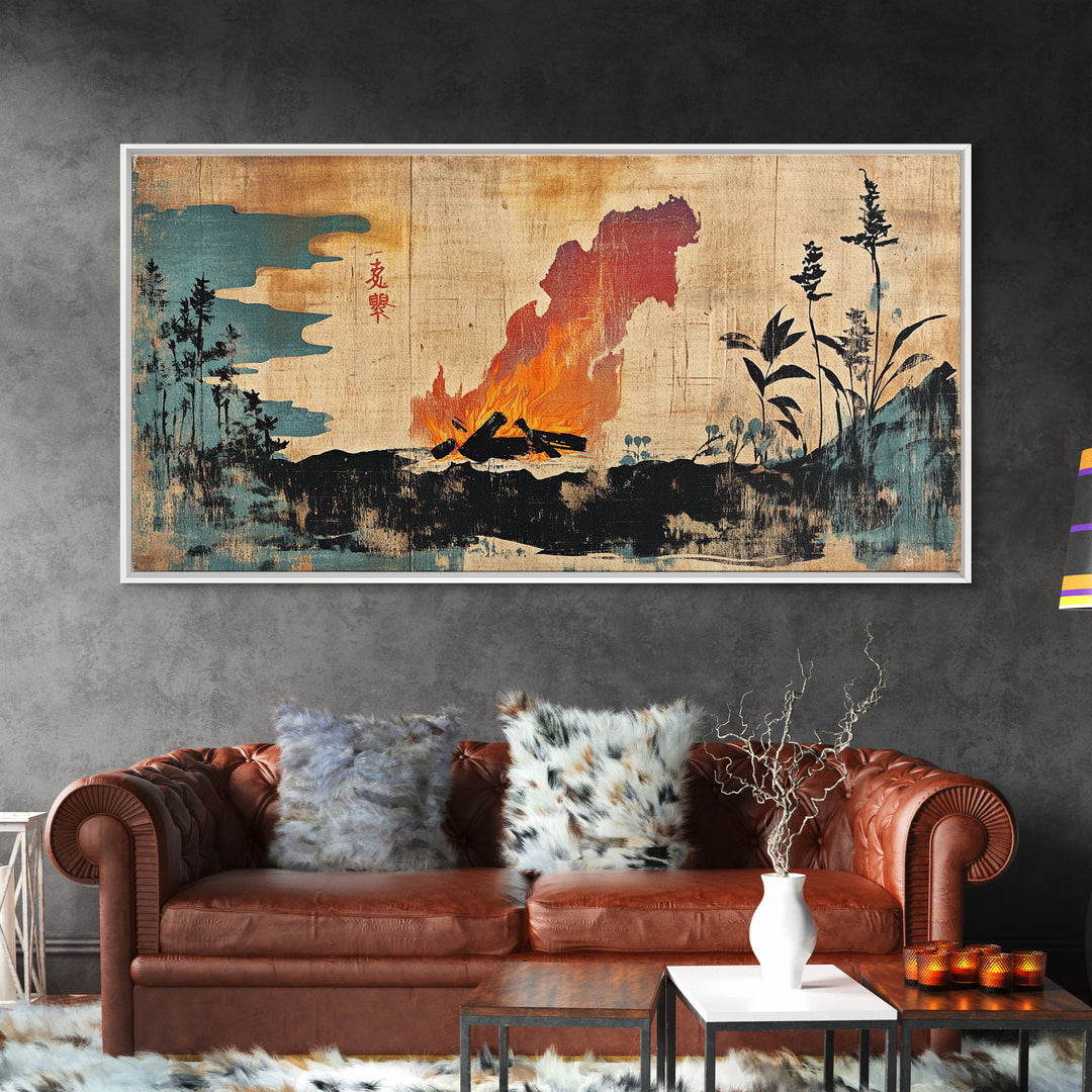 Erupting Volcano With Dark Forest Silhouette Wall Art, Japanese Landscape Canvas Print For Moody Office Decor And Home Decor