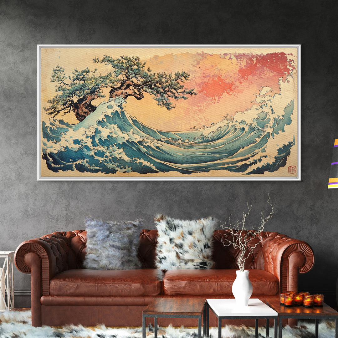 Great Wave With Wind Swept Pine Tree Wall Art, Japanese Ocean Canvas Print For Coastal Decor And Modern Living Room Wall Decor