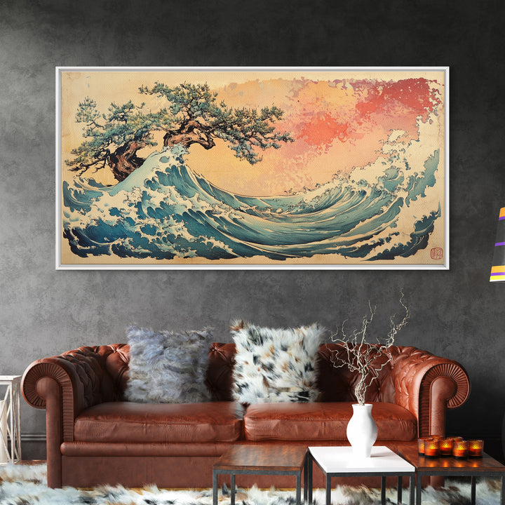 Great Wave With Wind Swept Pine Tree Wall Art, Japanese Ocean Canvas Print For Coastal Decor And Modern Living Room Wall Decor