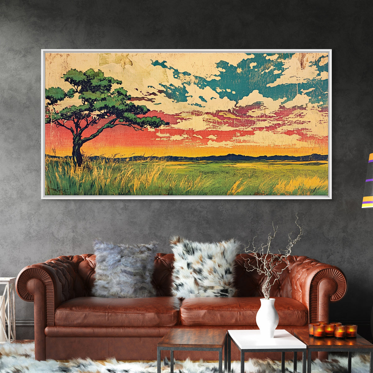 Acacia Tree At Sunset Over Golden Grassland Wall Art, African Landscape Canvas Print For Boho Decor And Warm Home Decor Art