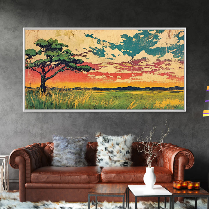 Acacia Tree At Sunset Over Golden Grassland Wall Art, African Landscape Canvas Print For Boho Decor And Warm Home Decor Art
