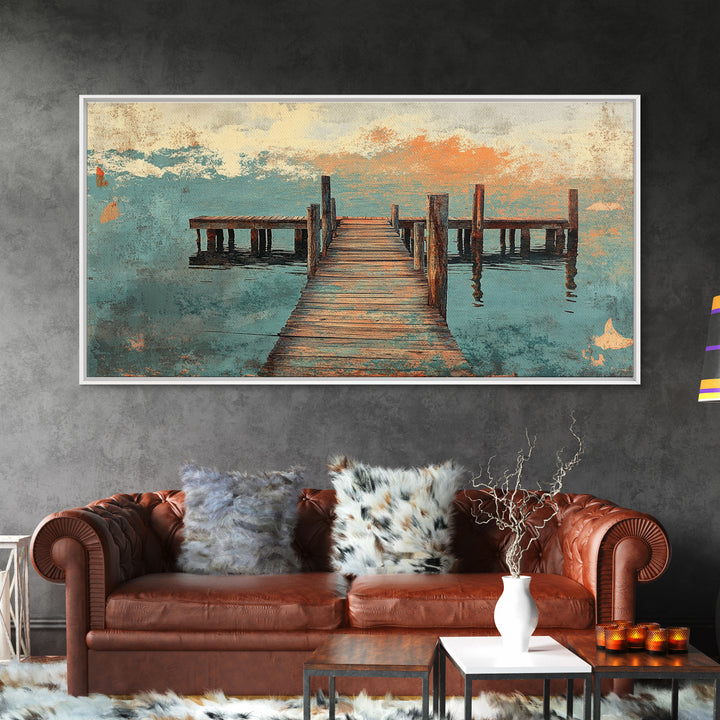 Weathered Wooden Dock Over Calm Water Wall Art, Coastal Canvas Print For Lake House Decor And Nautical Living Room Decor