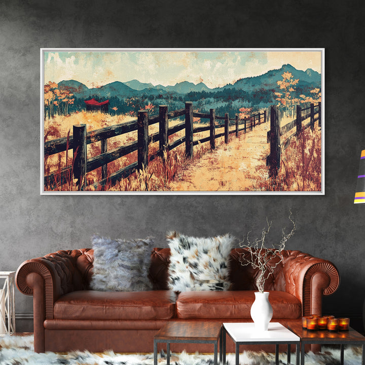 Mountain Fence Path Through Autumn Fields Wall Art, Rustic Landscape Canvas Print For Farmhouse Decor And Entryway Decor